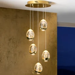 Lámpara colgante LED Rocio, 5 luces, redonda, metal, cristal, dorado