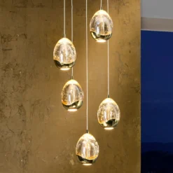 Lámpara colgante LED Rocio, 5 luces, redonda, metal, cristal, dorado