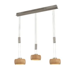 Lámpara colgante LED Shine-Wood, roble/níquel, longitud 100 cm 3 luces.