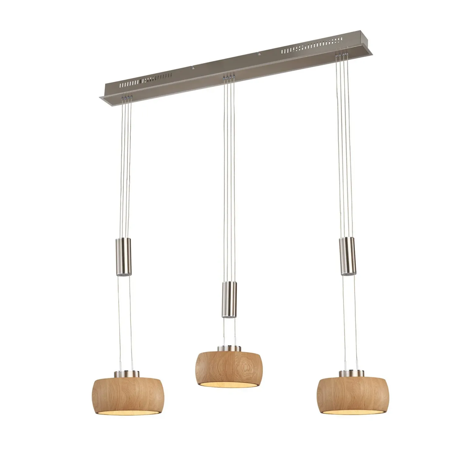 Lámpara colgante LED Shine-Wood, roble/níquel, longitud 100 cm 3 luces.