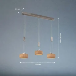 Lámpara colgante LED Shine-Wood, roble/níquel, longitud 100 cm 3 luces.