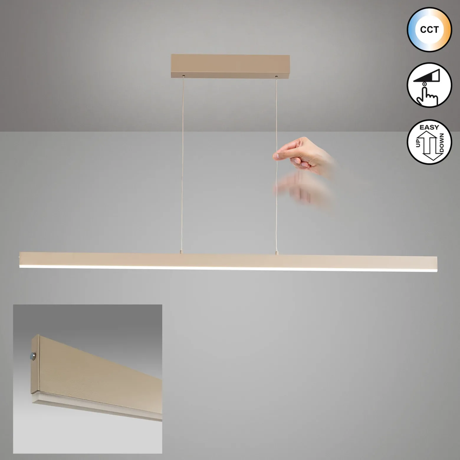 Lámpara colgante LED Silvano, arena, longitud 115 cm, CCT, regulador táctil