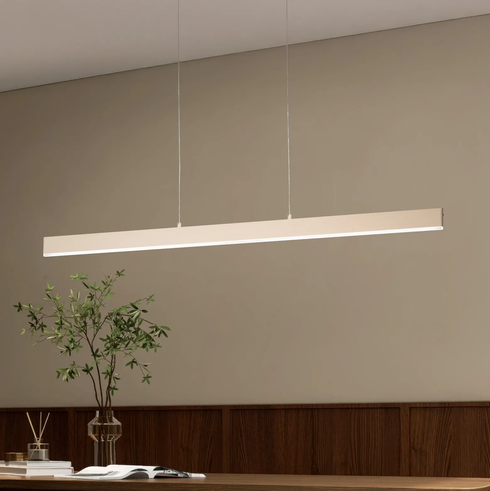 Lámpara colgante LED Silvano, arena, longitud 115 cm, CCT, regulador táctil