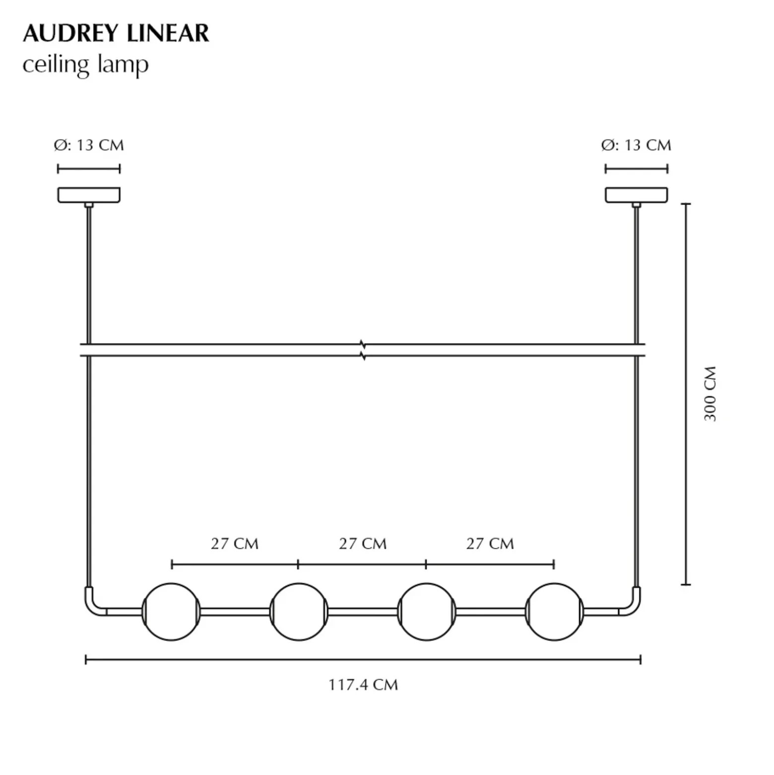 Lámpara colgante LED UMAGE Audrey LINEAR, latón, 118 cm, 4 luces.