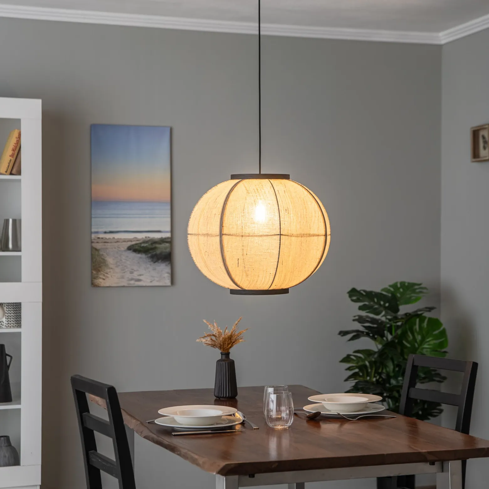 Lámpara colgante Lindby Aurinil, color madera, lino, Ø 48cm, E27