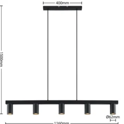 Lámpara colgante Lindby Baliko, negra, 116 cm, 5 luces, GU10