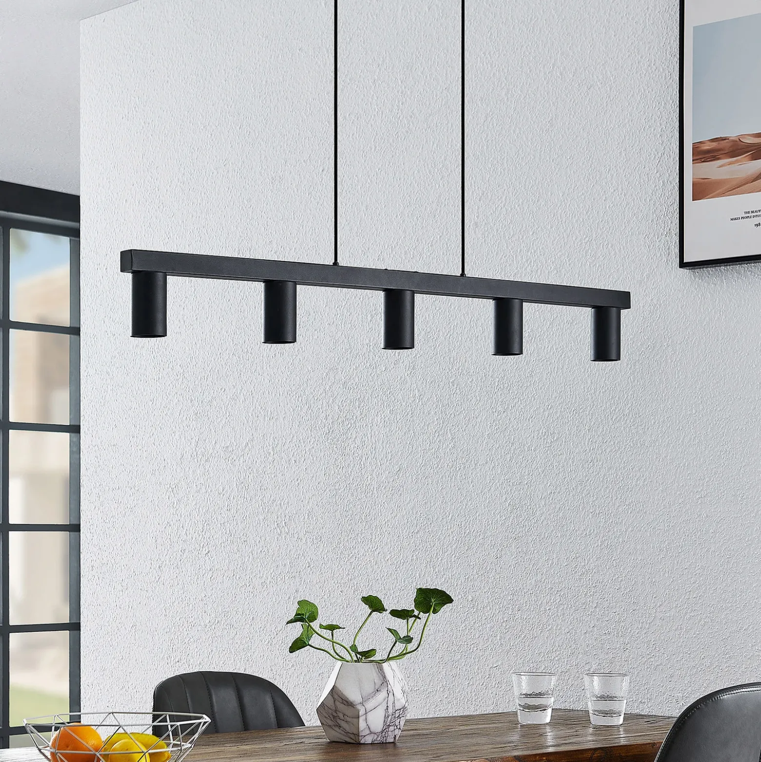 Lámpara colgante Lindby Baliko, negra, 116 cm, 5 luces, GU10