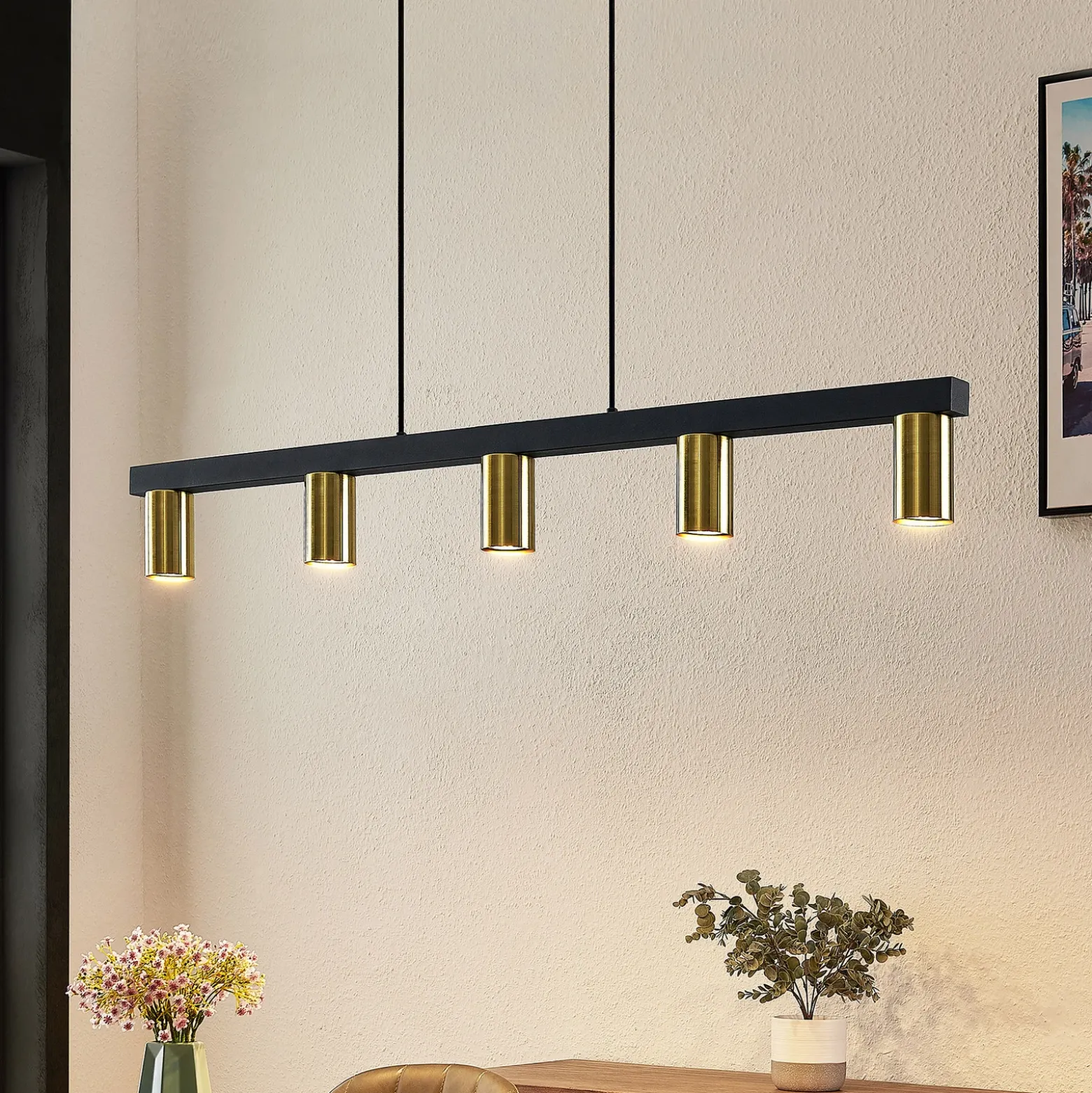 Lámpara colgante Lindby Baliko, negro/latón, 5 luces, GU10