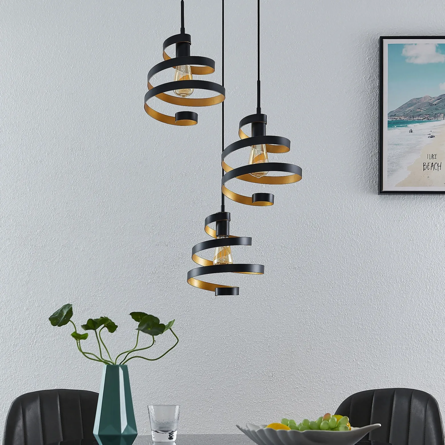 Lámpara colgante Lindby Colten, Ø 50 cm, 3 luces, negra, dorada