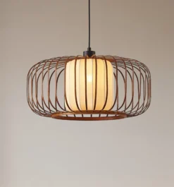 Lámpara colgante Lindby Davella, Ø 50 cm, bambú, textil