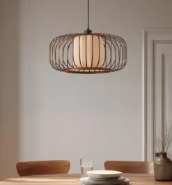 Lámpara colgante Lindby Davella, Ø 50 cm, bambú, textil