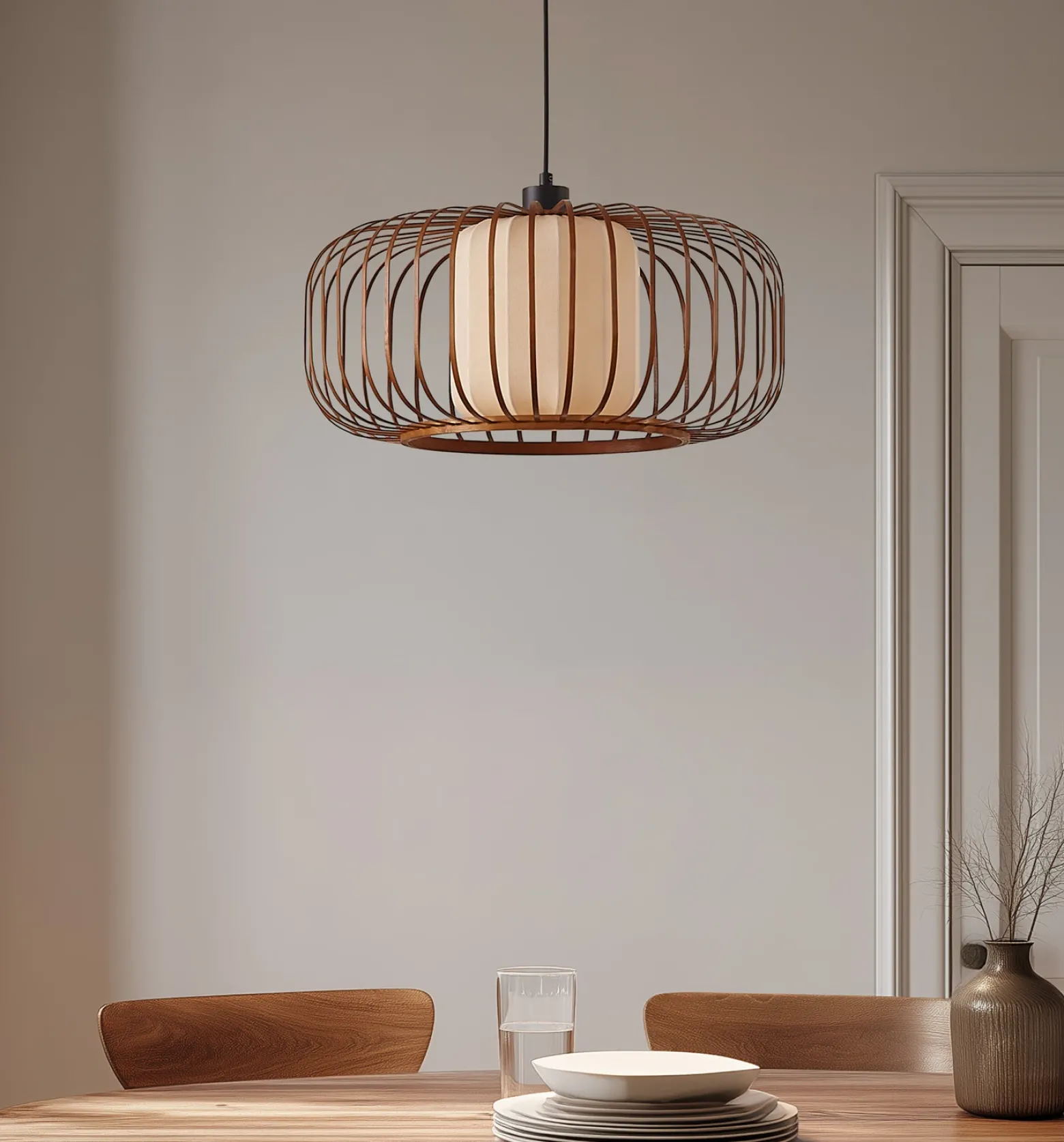 Lámpara colgante Lindby Davella, Ø 50 cm, bambú, textil