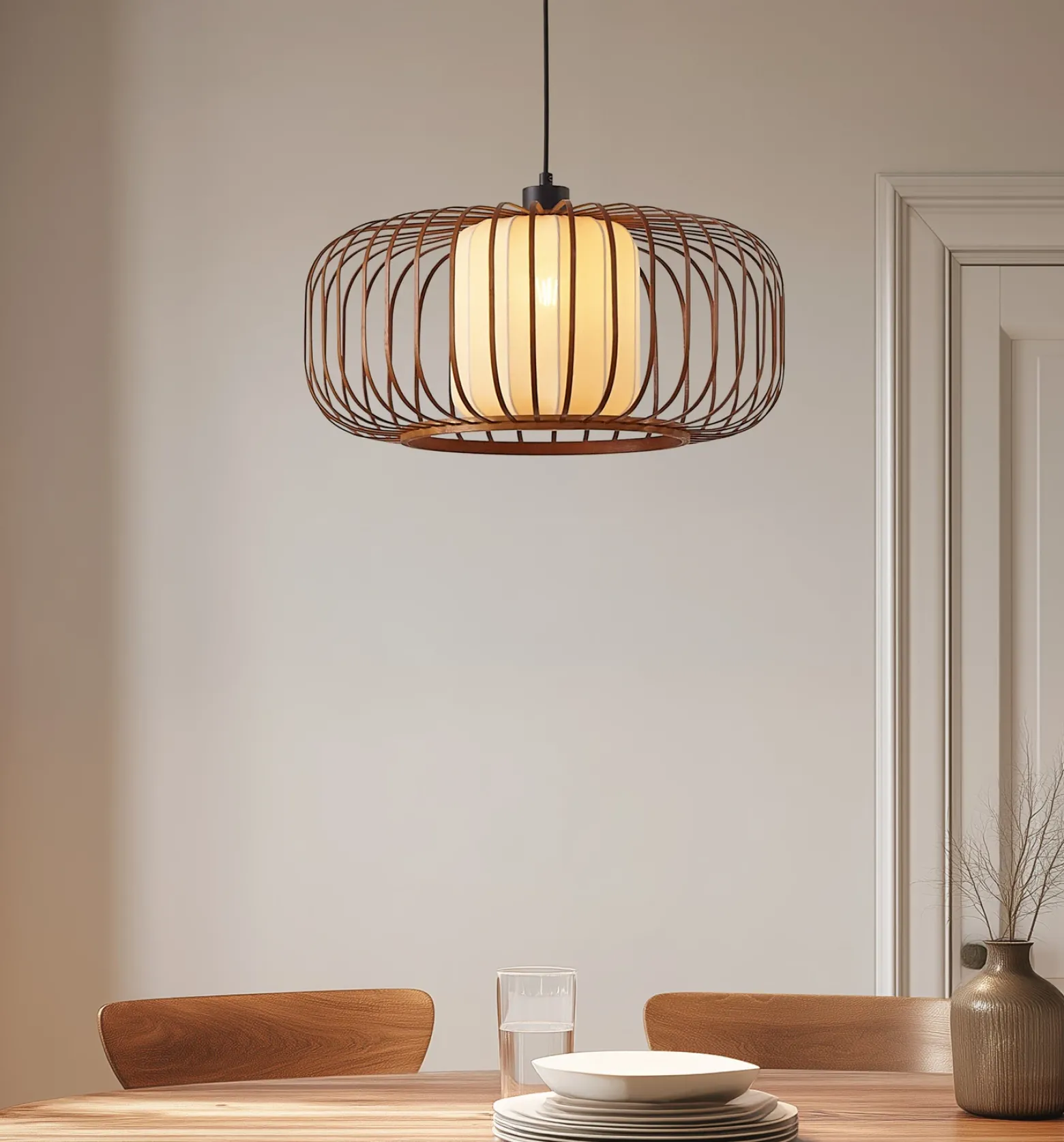 Lámpara colgante Lindby Davella, Ø 50 cm, bambú, textil