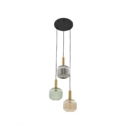Lámpara colgante Lindby Doroteo, 3 luces, verde/ámbar/gris, cristal