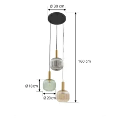 Lámpara colgante Lindby Doroteo, 3 luces, verde/ámbar/gris, cristal