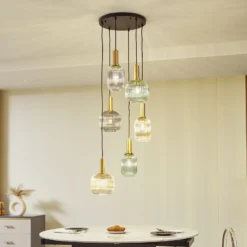 Lámpara colgante Lindby Doroteo, 6 luces, verde/ámbar/gris, cristal