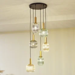 Lámpara colgante Lindby Doroteo, 6 luces, verde/ámbar/gris, cristal