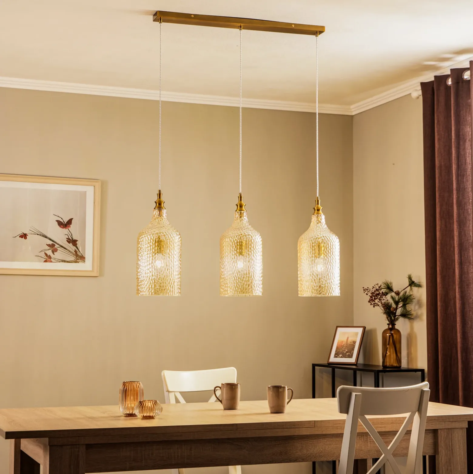 Lámpara colgante Lindby Drakar, 3 luces, ámbar, cristal, Ø 19,5 cm