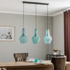Lámpara colgante Lindby Drakar, 3 luces, azul claro, cristal, Ø 25 cm