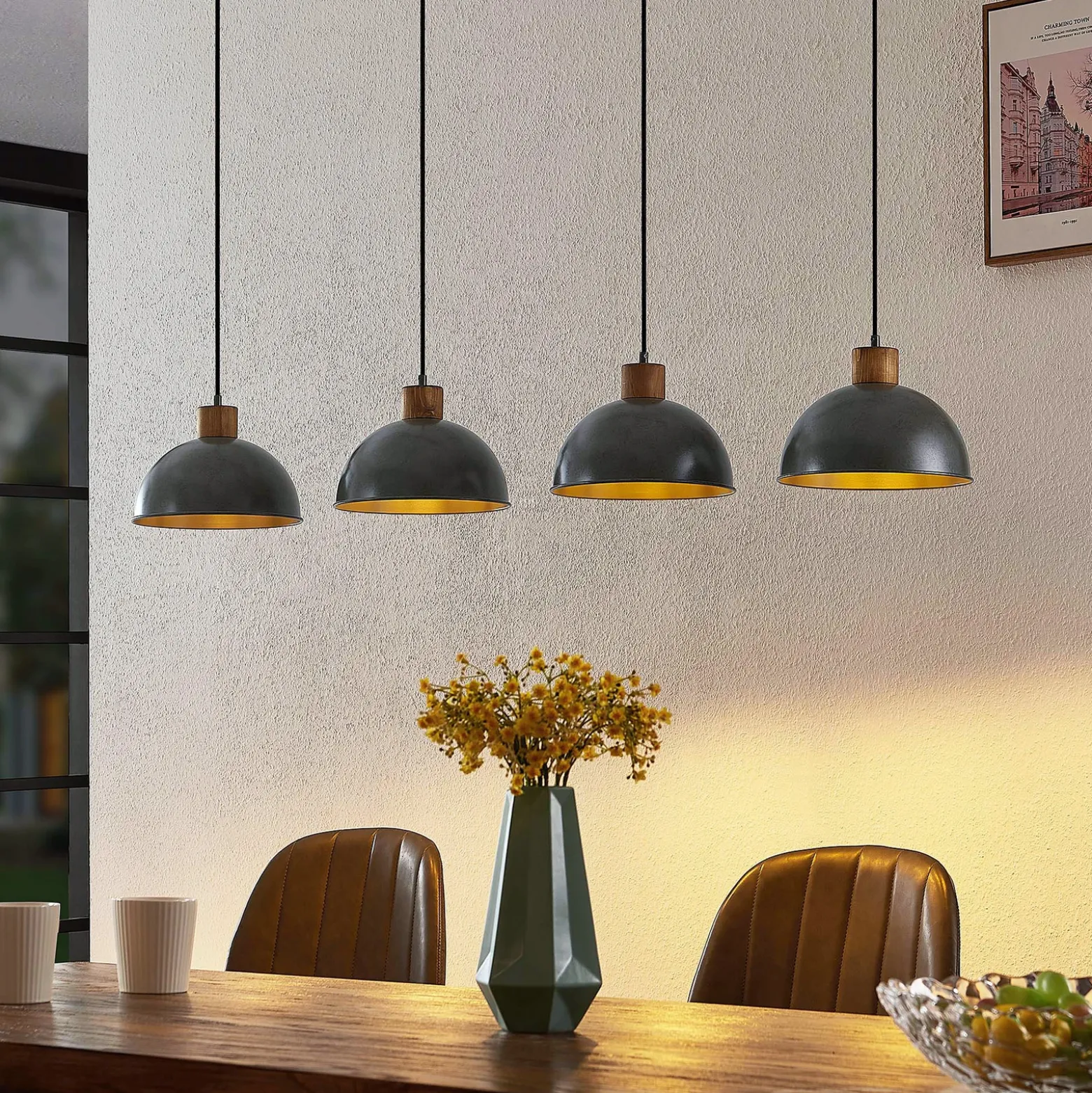 Lámpara colgante Lindby Durbis, 116 cm, 4 luces, gris, madera, E27