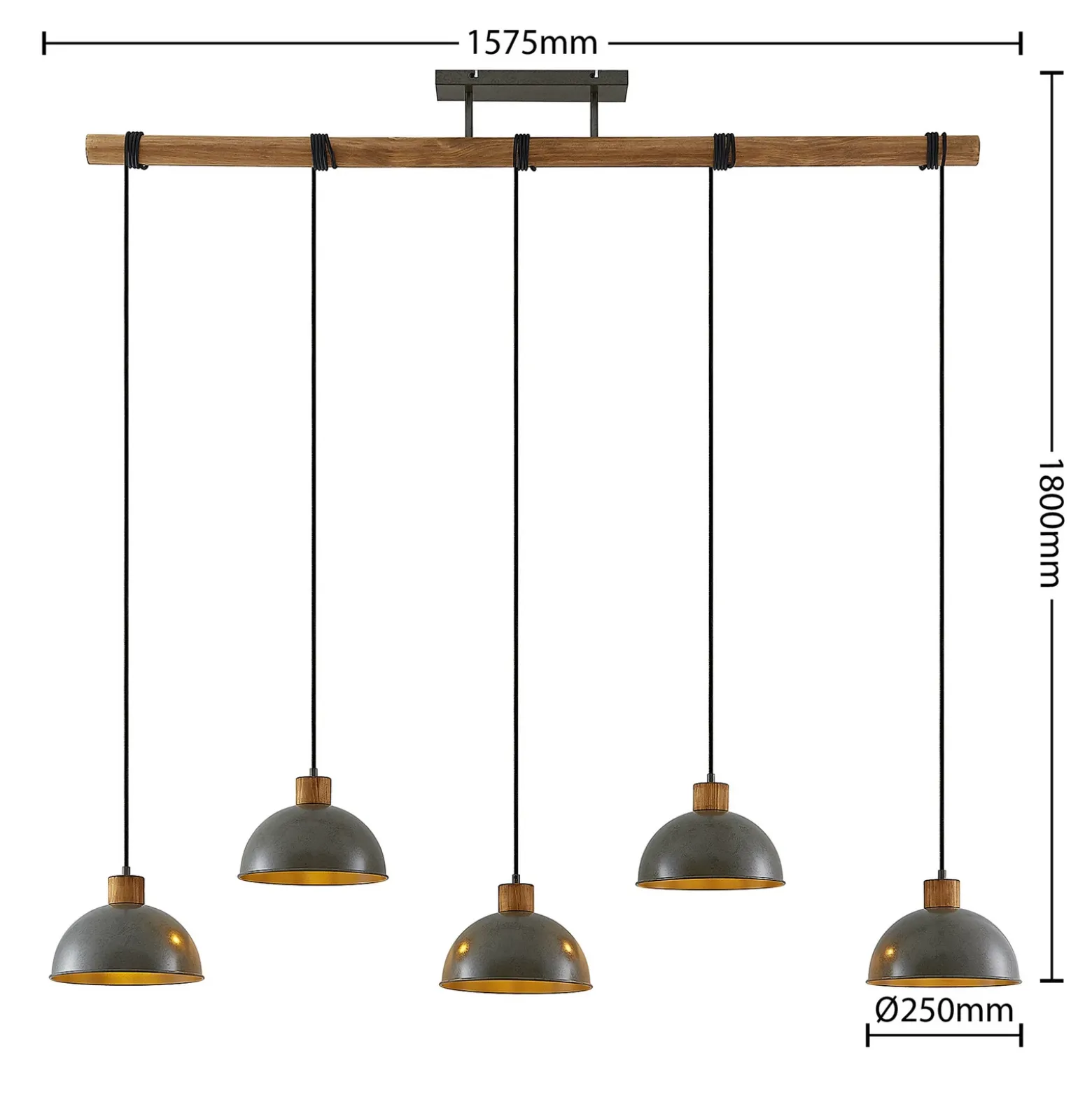Lámpara colgante Lindby Durbis, 149 cm, negra, 5 luces, madera