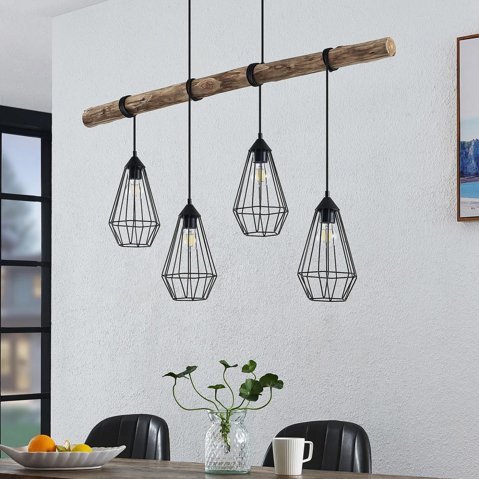 Lámpara colgante Lindby Eldarion, 116 cm, 4 luces, madera, E27