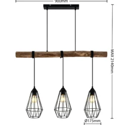 Lámpara colgante Lindby Eldarion, 90 cm, 3 luces, madera, E27
