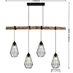 Lámpara colgante Lindby Eldarion, 116 cm, 4 luces, madera, E27