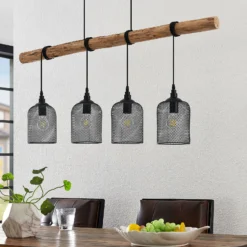 Lámpara colgante Lindby Elrond, 116 cm, negra, 4 luces, madera