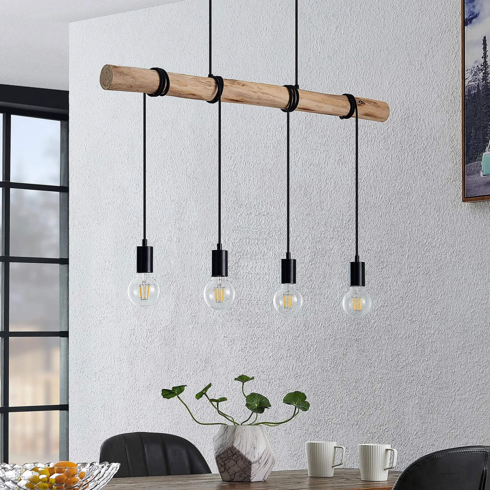 Lámpara colgante Lindby Ferris, 4 luces, 90 cm, madera, E27