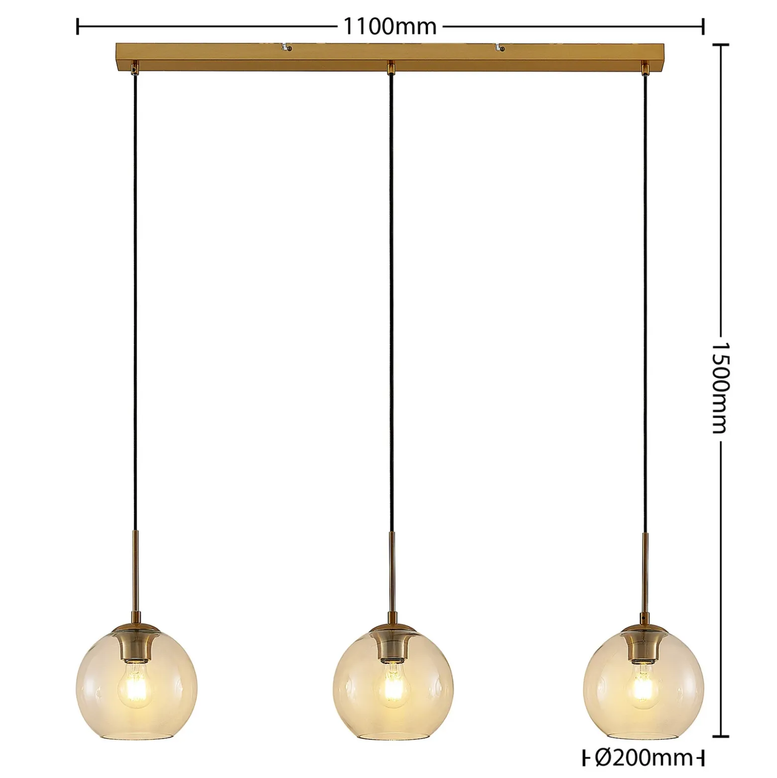 Lámpara colgante Lindby Grady, latón/claro, 110 cm, metal, cristal