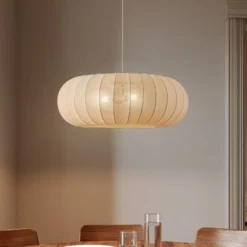 Lámpara colgante Lindby Helin, beige, Ø 70 cm, textil, 3 x E27