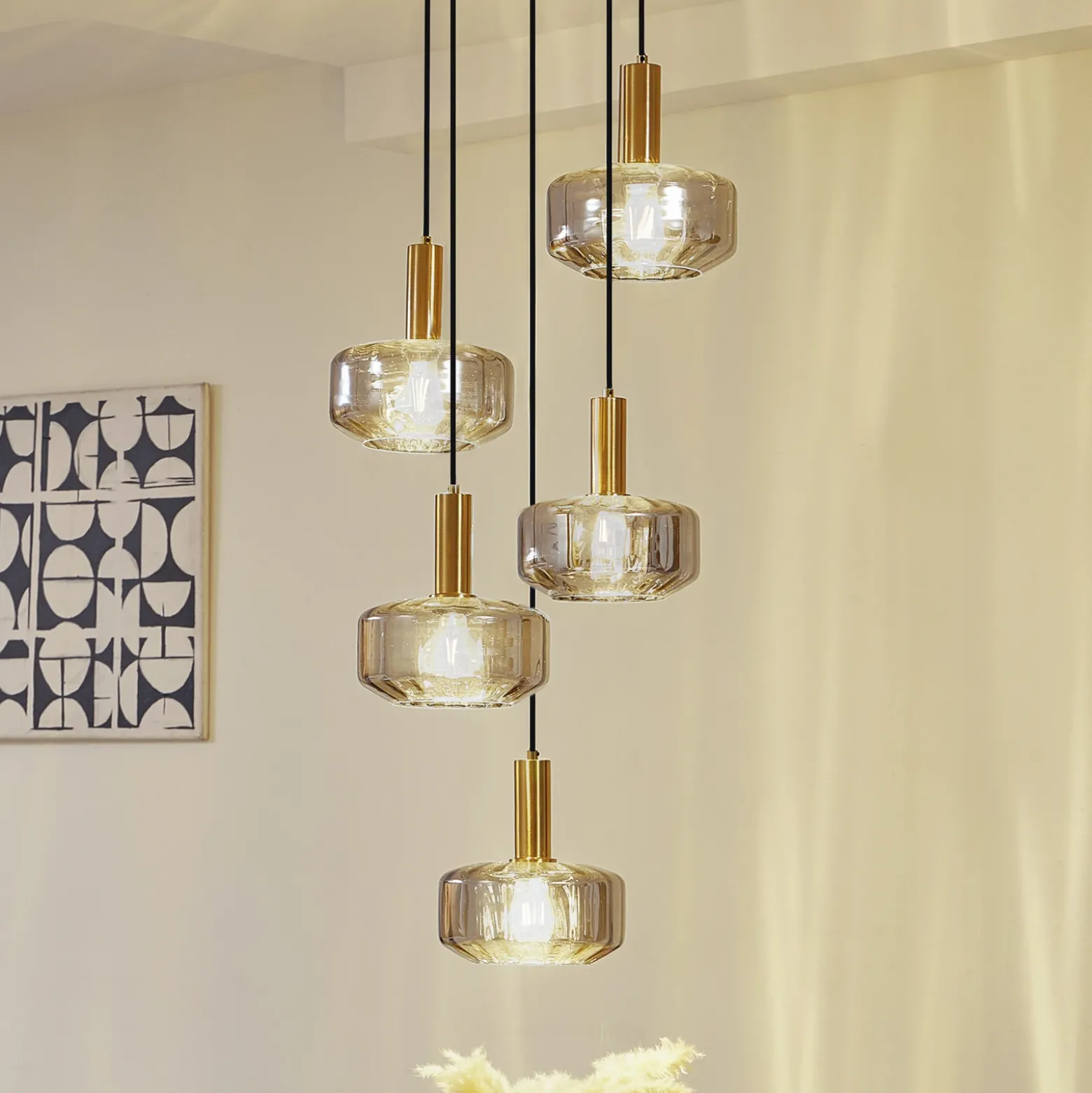 Lámpara colgante Lindby Hildur, 5 luces, gris ahumado, cristal