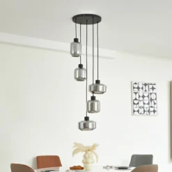 Lámpara colgante Lindby Hildur, Ø 35 cm, gris humo, cristal, E27