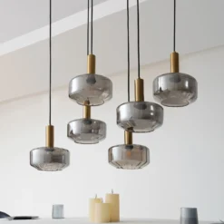 Lámpara colgante Lindby Hildur, 6 luces, gris humo, cristal