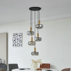 Lámpara colgante Lindby Hildur, 5 luces, gris ahumado, cristal