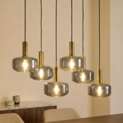 Lámpara colgante Lindby Hildur, 6 luces, gris humo, cristal