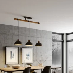 Lámpara colgante Lindby Holgar, gris, 3 luces, madera, metal, E27