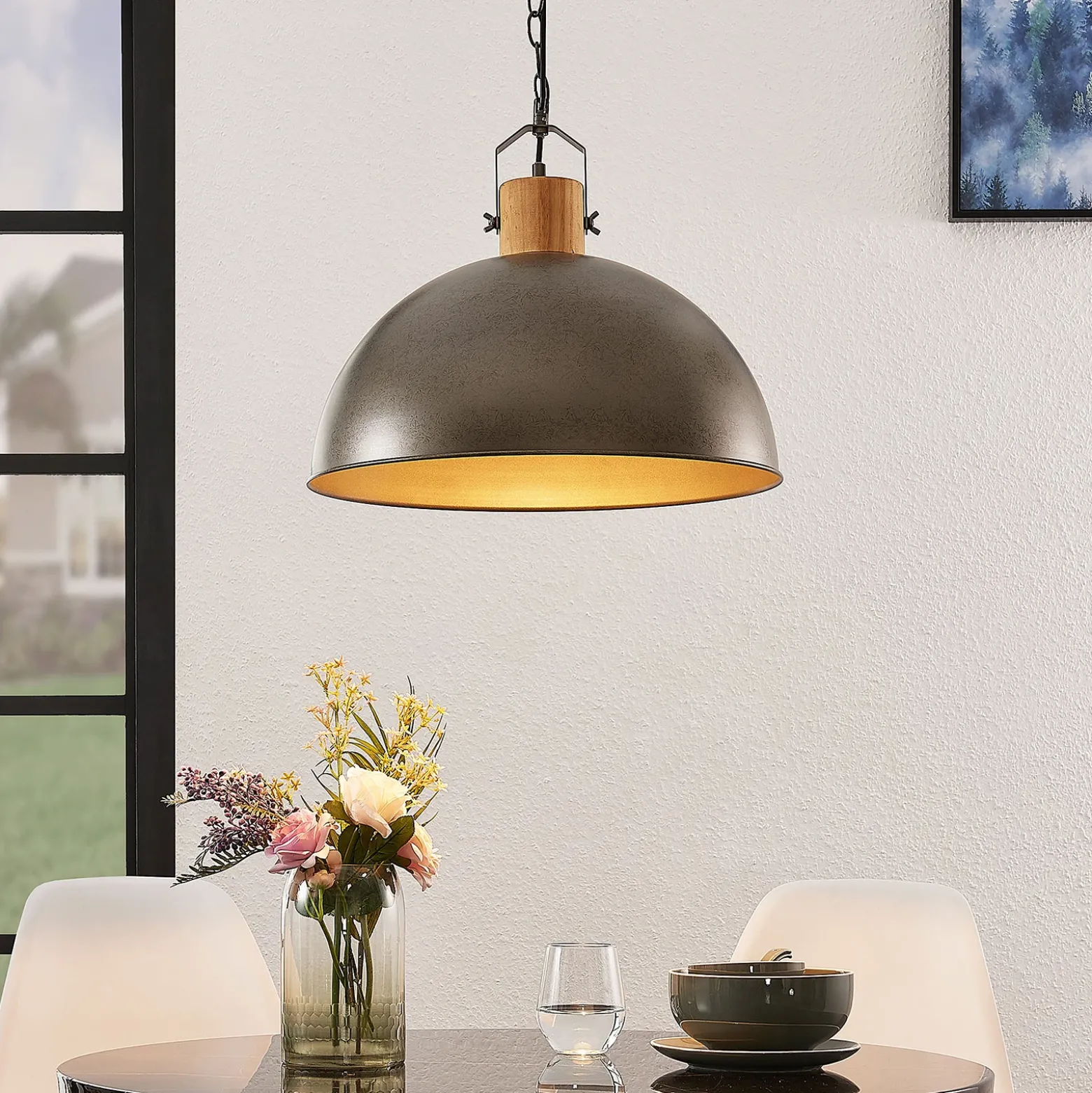 Lámpara colgante Lindby Holgar, verde, madera, metal, Ø 45 cm, E27