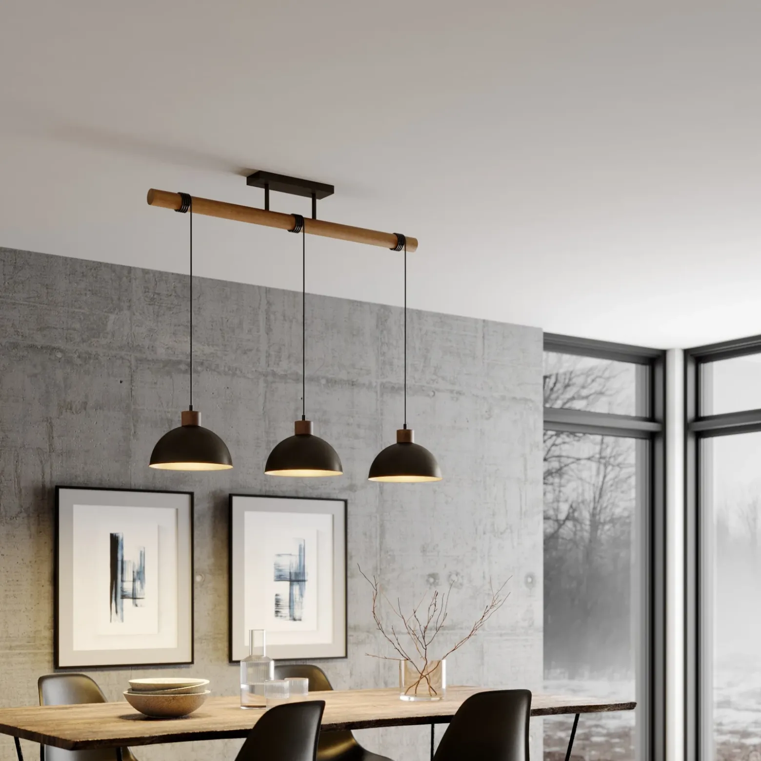 Lámpara colgante Lindby Holgar, gris, 3 luces, madera, metal, E27