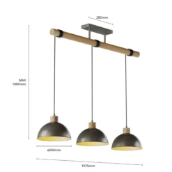Lámpara colgante Lindby Holgar, gris, 3 luces, madera, metal, E27