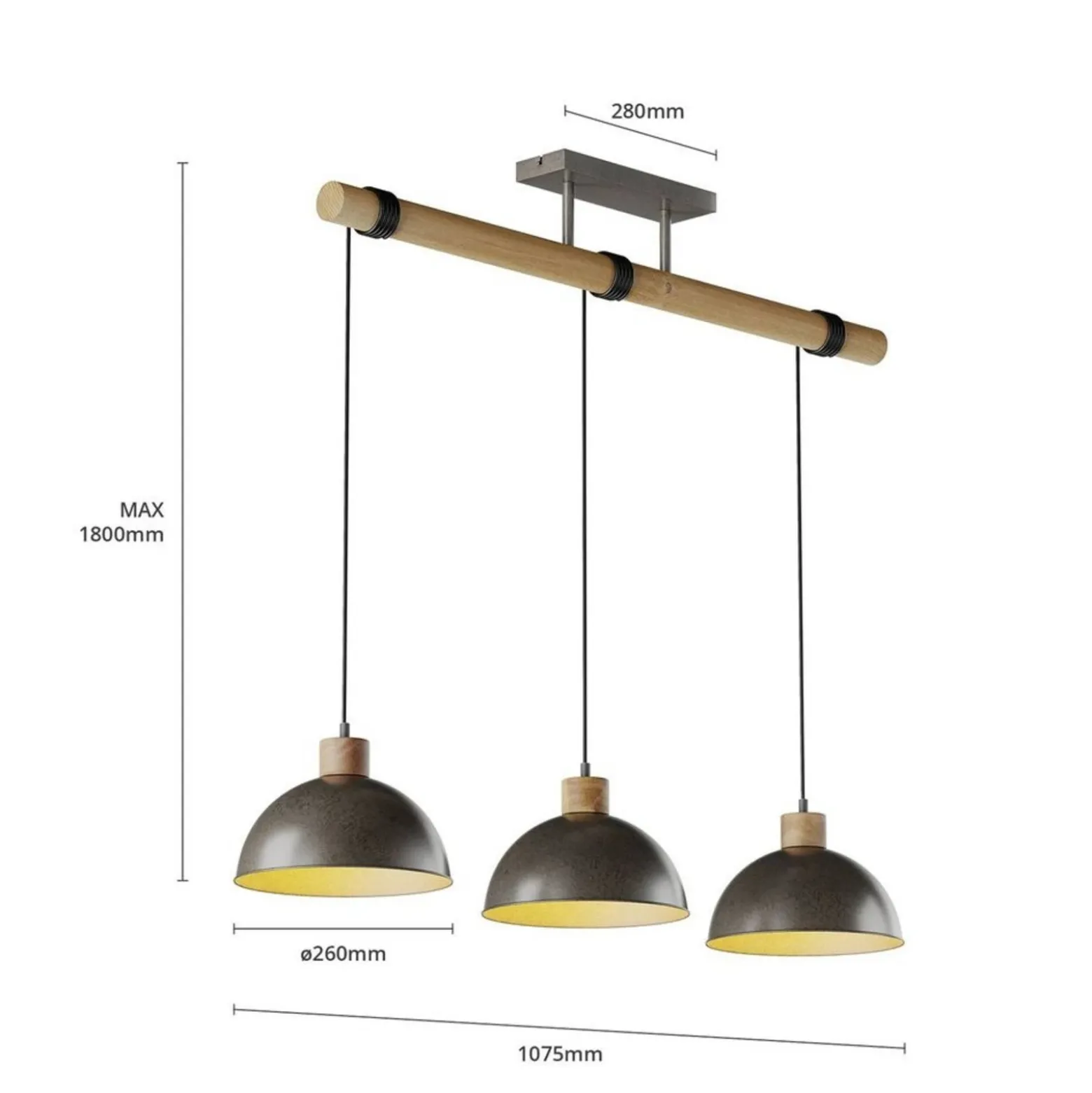 Lámpara colgante Lindby Holgar, gris, 3 luces, madera, metal, E27
