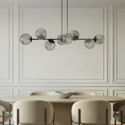 Lámpara colgante Lindby Isamer, gris humo, 130 cm, globo