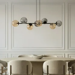 Lámpara colgante Lindby Isamer, gris humo/ámbar, 130 cm, globo