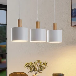 Lámpara colgante Lindby Kadir, 73 cm, 3 luces, blanco, madera