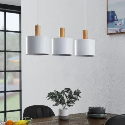 Lámpara colgante Lindby Kadir, 73 cm, 3 luces, blanco, madera