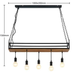 Lámpara colgante Lindby Kirista, 5 luces, negro/madera, 100 cm, E27