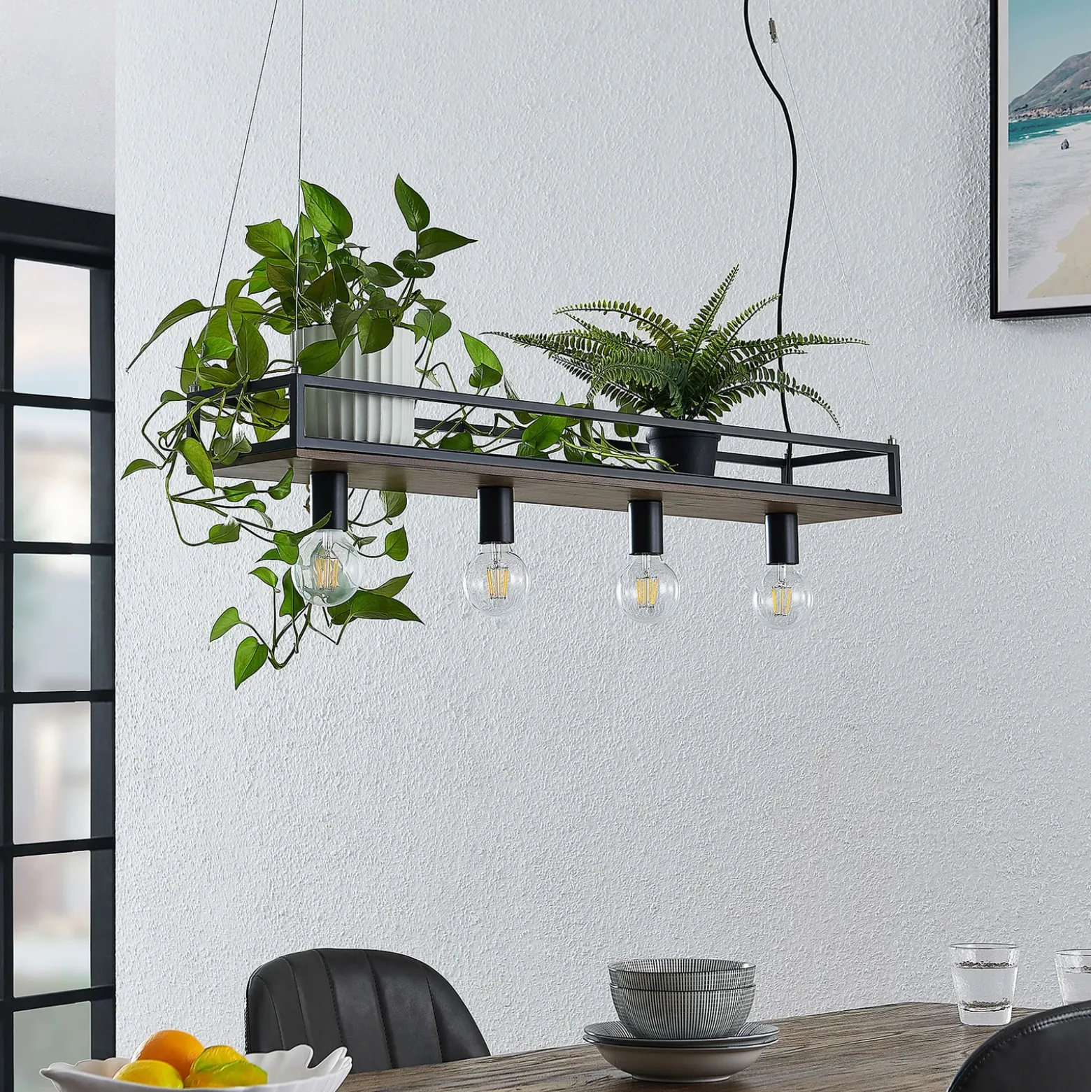 Lámpara colgante Lindby Kirista, 4 luces, negro/madera, 100 cm, E27