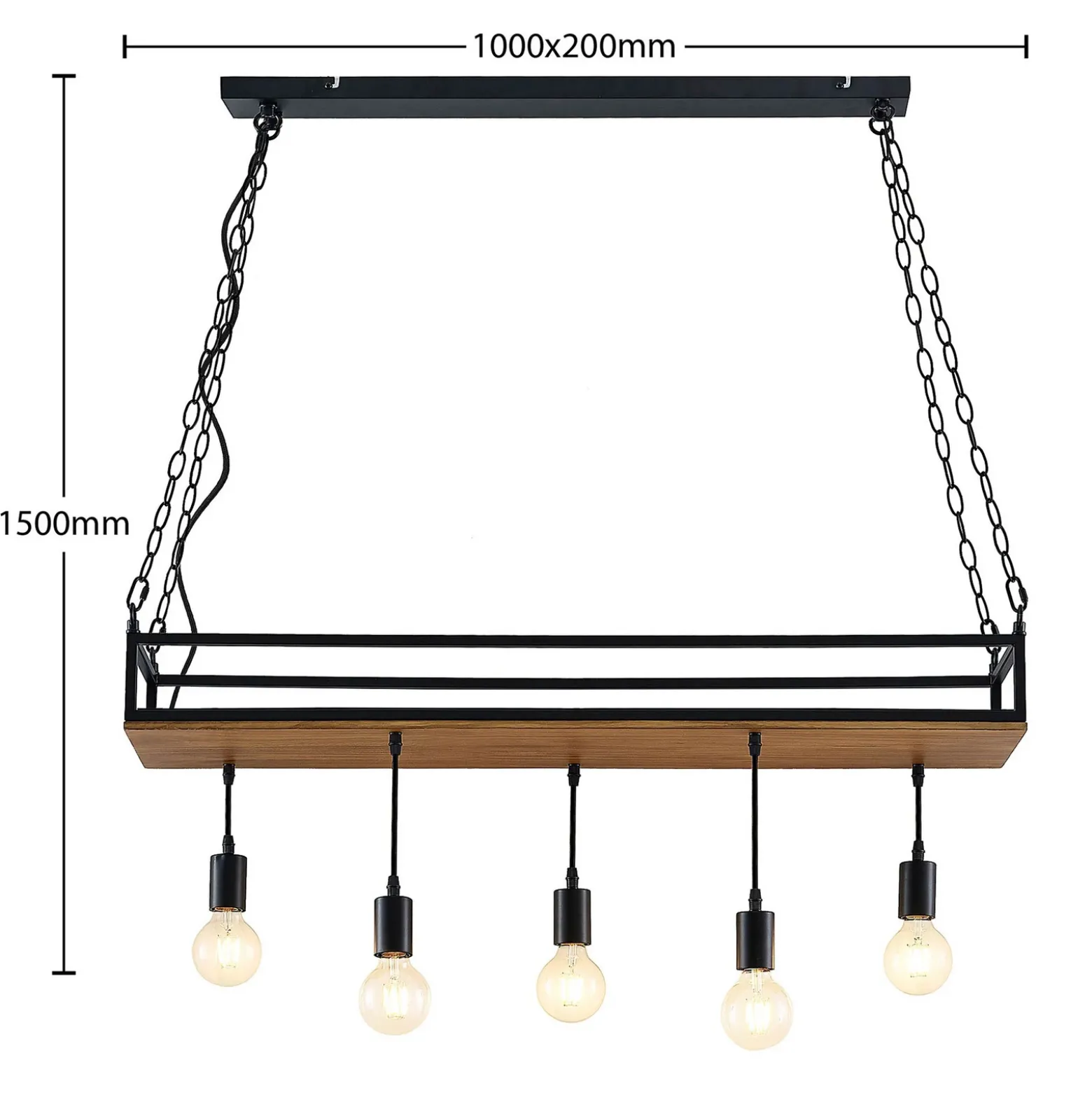Lámpara colgante Lindby Kirista, 5 luces, negro/madera, 100 cm, E27
