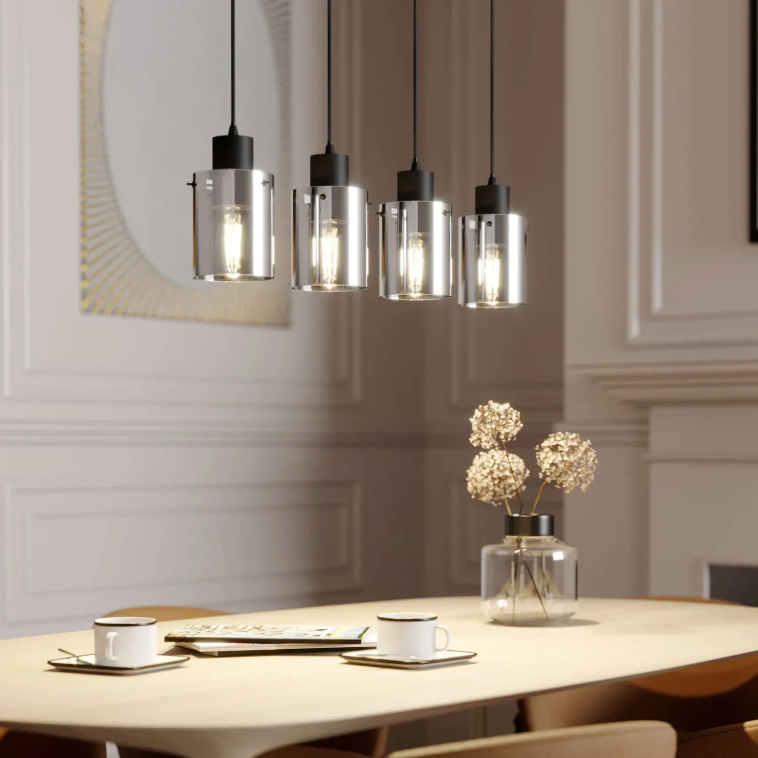 Lámpara colgante Lindby Kourtney, 4 luces, negro/gris, cristal, E27